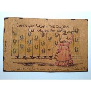 Leather Postcard Cover And Forget The Old Year Best New Years Day Antique 1900's